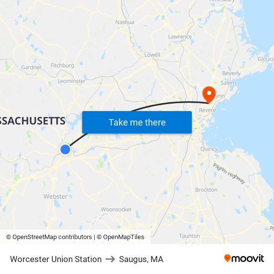 Worcester Union Station to Saugus, MA map
