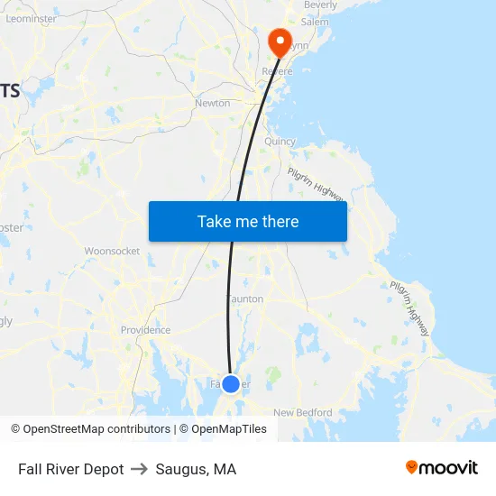 Fall River Depot to Saugus, MA map