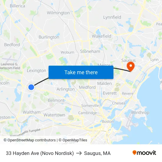 33 Hayden Ave (Novo Nordisk) to Saugus, MA map