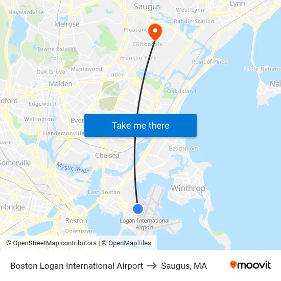 Boston Logan International Airport to Saugus, MA map