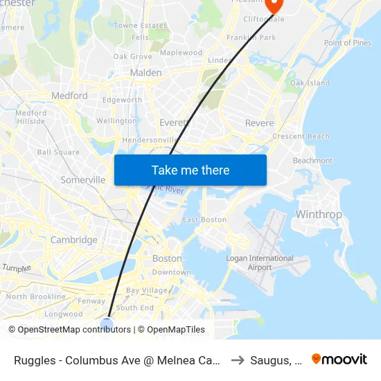 Ruggles - Columbus Ave @ Melnea Cass Blvd to Saugus, MA map