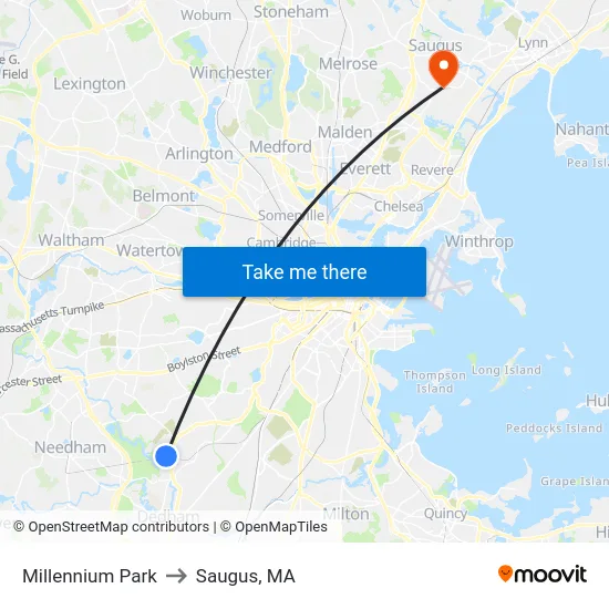 Millennium Park to Saugus, MA map