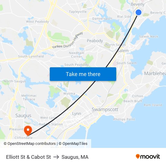 Elliott St & Cabot St to Saugus, MA map