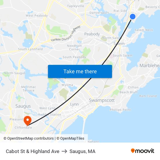 Cabot St & Highland Ave to Saugus, MA map