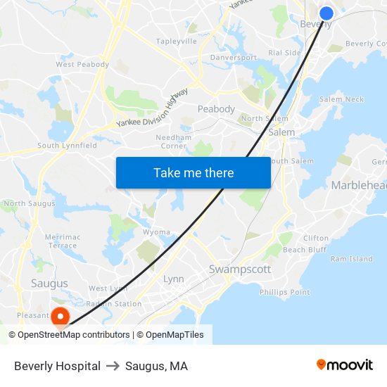 Beverly Hospital to Saugus, MA map