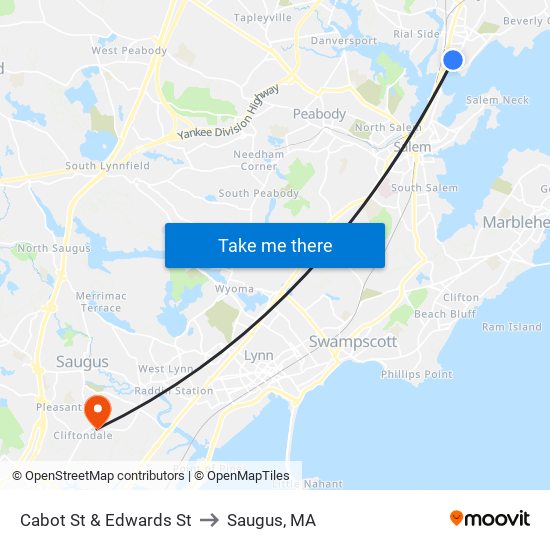 Cabot St & Edwards St to Saugus, MA map
