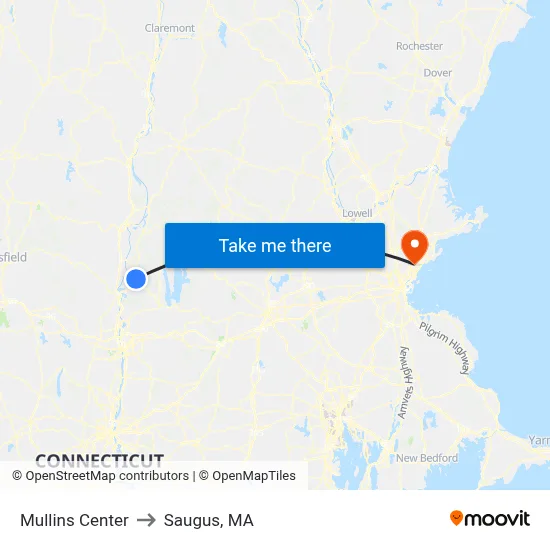 Mullins Center to Saugus, MA map