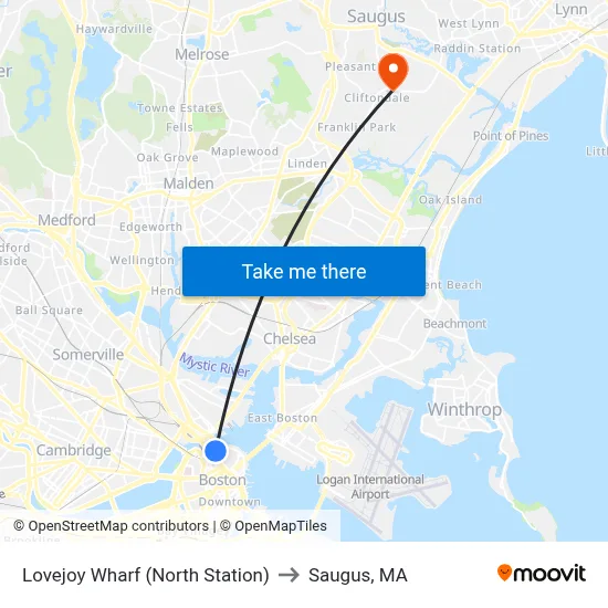 Lovejoy Wharf (North Station) to Saugus, MA map