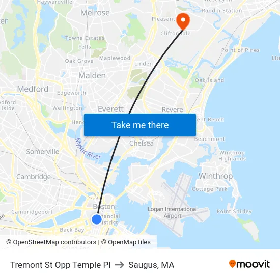 Tremont St Opp Temple Pl to Saugus, MA map