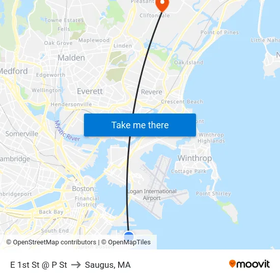 E 1st St @ P St to Saugus, MA map