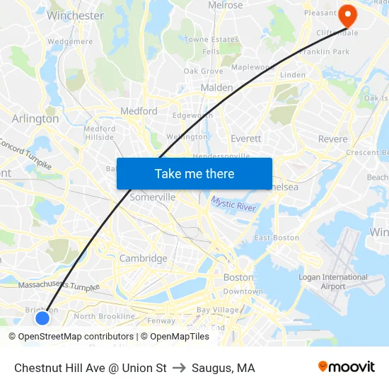 Chestnut Hill Ave @ Union St to Saugus, MA map