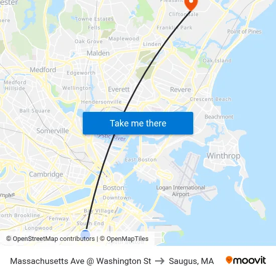 Massachusetts Ave @ Washington St to Saugus, MA map