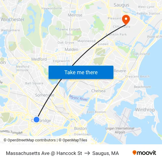Massachusetts Ave @ Hancock St to Saugus, MA map