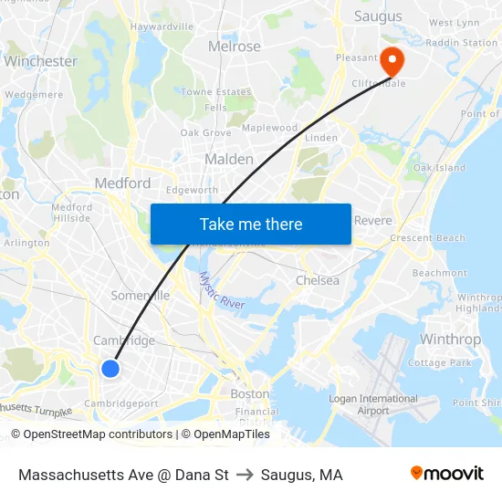 Massachusetts Ave @ Dana St to Saugus, MA map