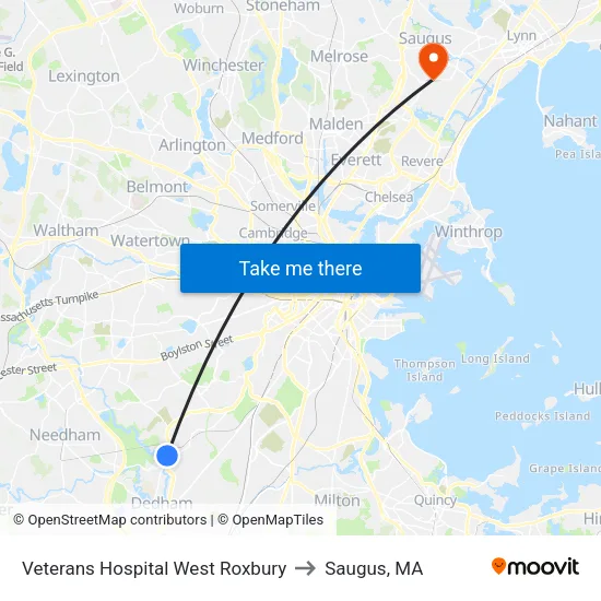 Veterans Hospital West Roxbury to Saugus, MA map