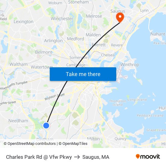 Charles Park Rd @ Vfw Pkwy to Saugus, MA map