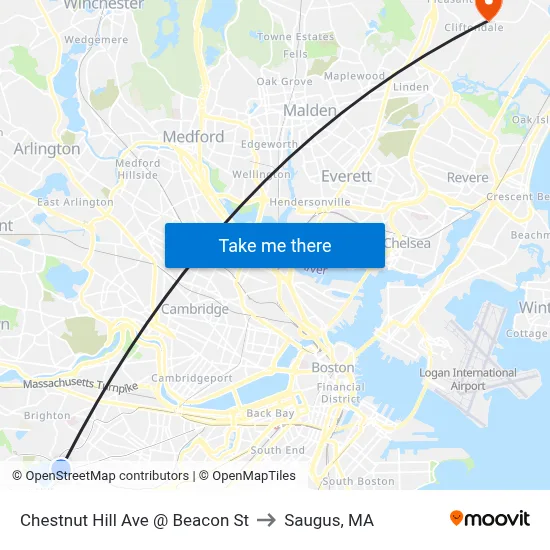 Chestnut Hill Ave @ Beacon St to Saugus, MA map