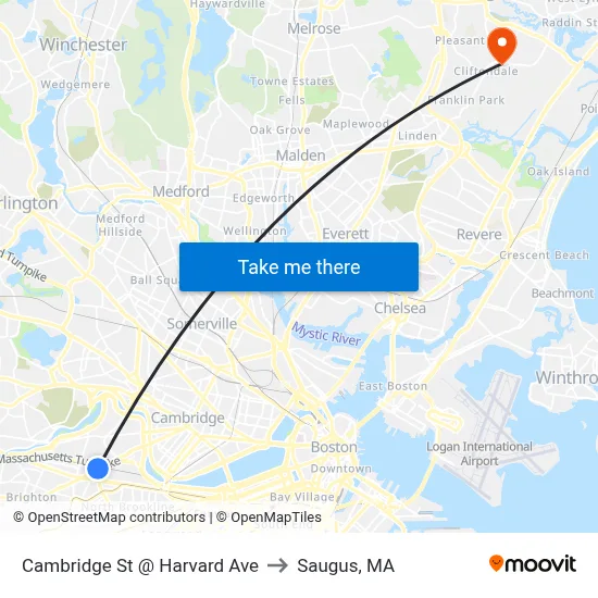 Cambridge St @ Harvard Ave to Saugus, MA map