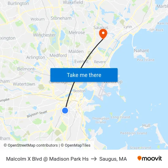 Malcolm X Blvd @ Madison Park Hs to Saugus, MA map