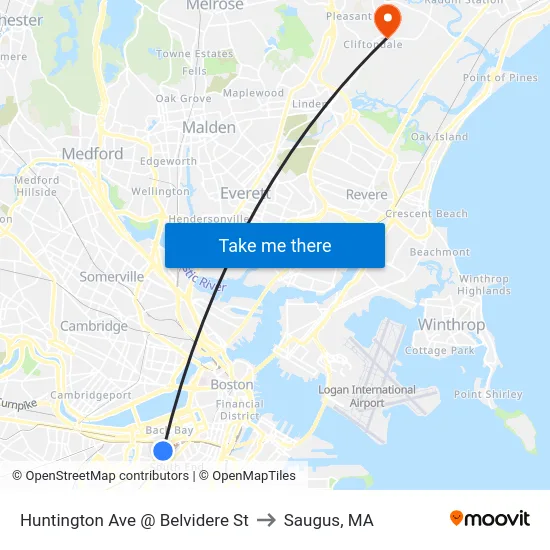 Huntington Ave @ Belvidere St to Saugus, MA map