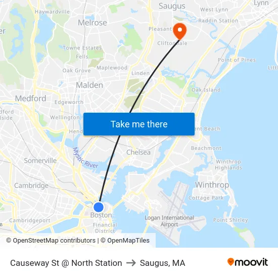 Causeway St @ North Station to Saugus, MA map