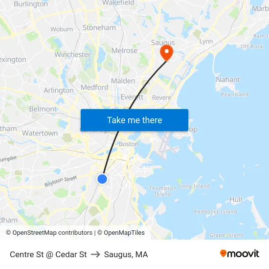 Centre St @ Cedar St to Saugus, MA map