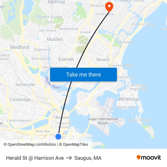 Herald St @ Harrison Ave to Saugus, MA map