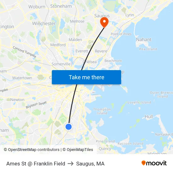 Ames St @ Franklin Field to Saugus, MA map