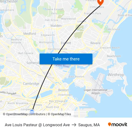 Ave Louis Pasteur @ Longwood Ave to Saugus, MA map