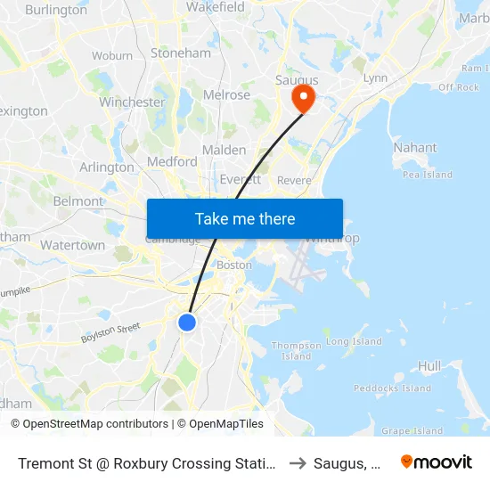 Tremont St @ Roxbury Crossing Station to Saugus, MA map