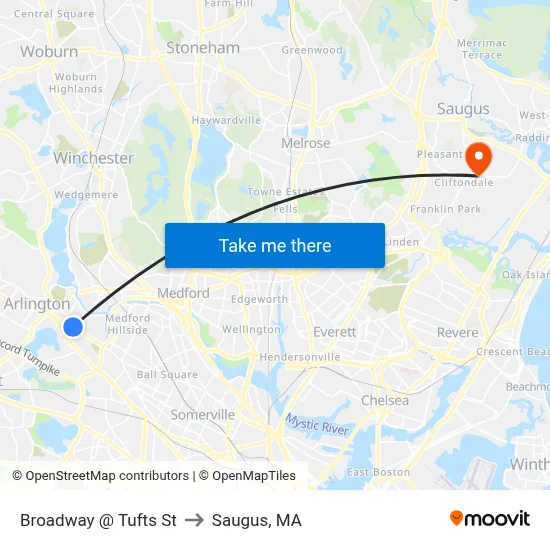 Broadway @ Tufts St to Saugus, MA map