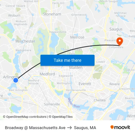 Broadway @ Massachusetts Ave to Saugus, MA map
