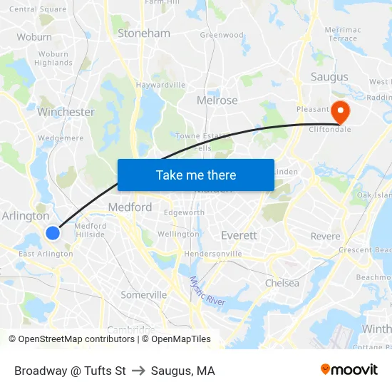 Broadway @ Tufts St to Saugus, MA map