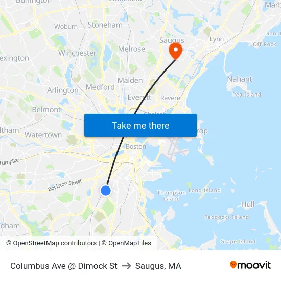 Columbus Ave @ Dimock St to Saugus, MA map