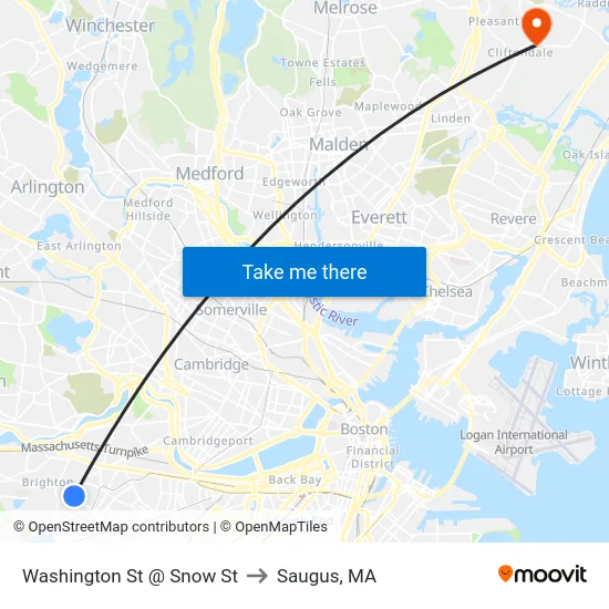 Washington St @ Snow St to Saugus, MA map