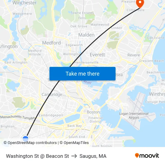 Washington St @ Beacon St to Saugus, MA map