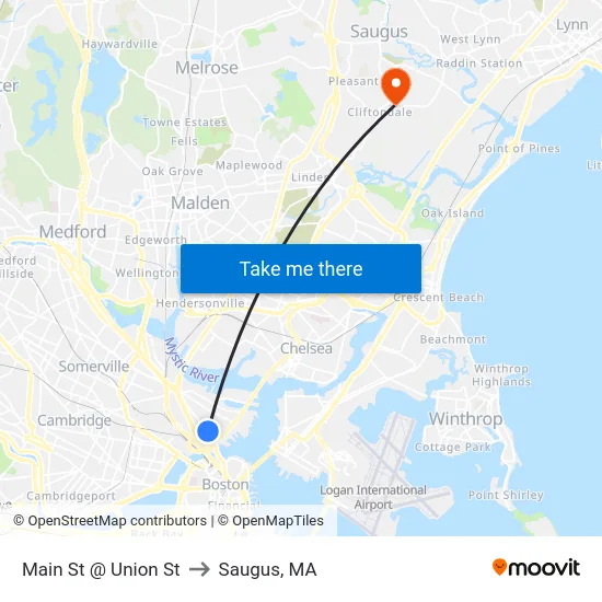 Main St @ Union St to Saugus, MA map