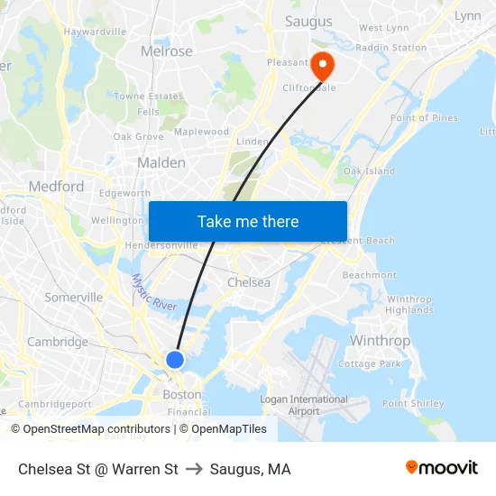 Chelsea St @ Warren St to Saugus, MA map
