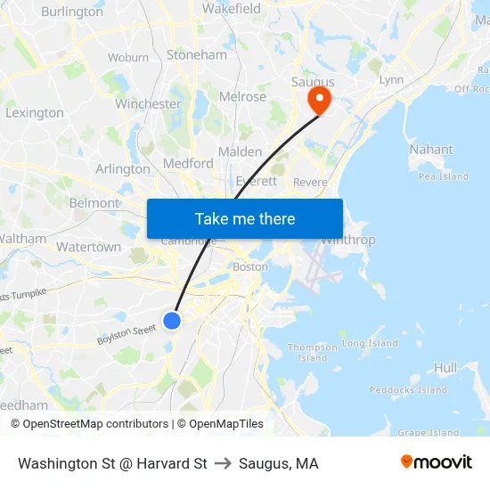 Washington St @ Harvard St to Saugus, MA map