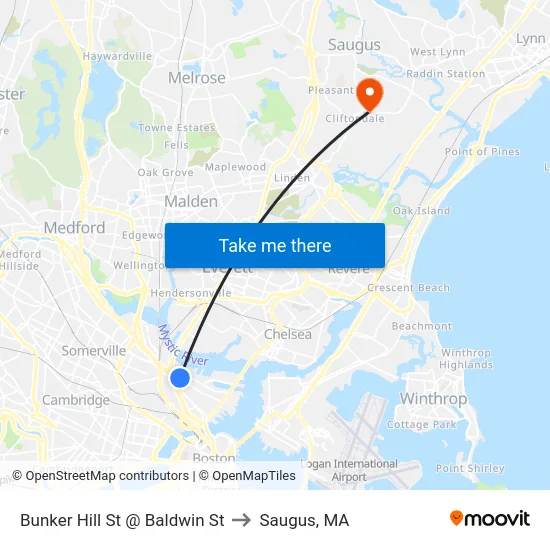 Bunker Hill St @ Baldwin St to Saugus, MA map