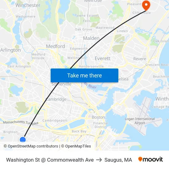 Washington St @ Commonwealth Ave to Saugus, MA map