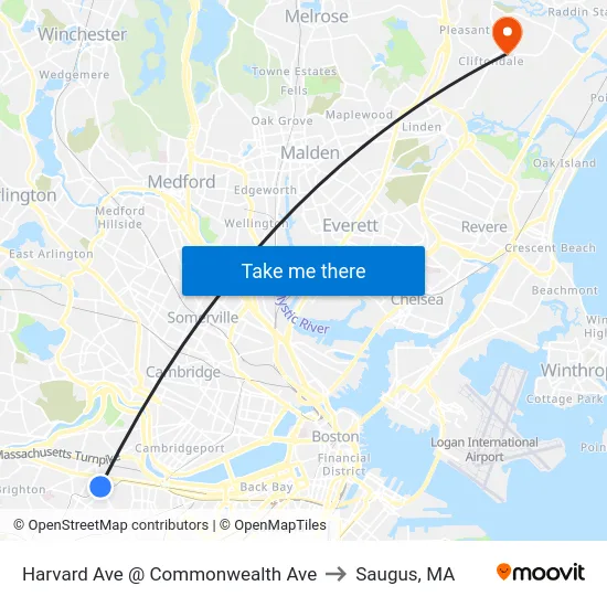Harvard Ave @ Commonwealth Ave to Saugus, MA map