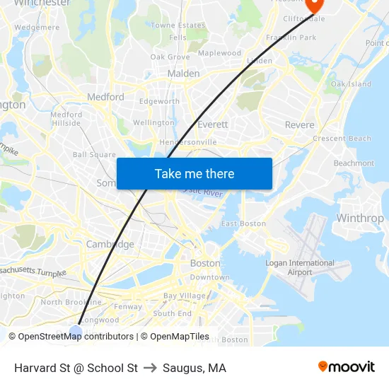 Harvard St @ School St to Saugus, MA map