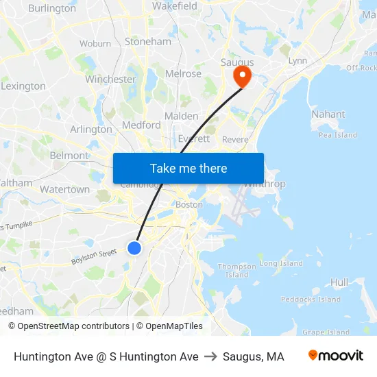 Huntington Ave @ S Huntington Ave to Saugus, MA map