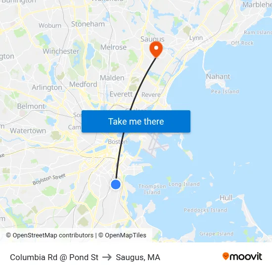 Columbia Rd @ Pond St to Saugus, MA map