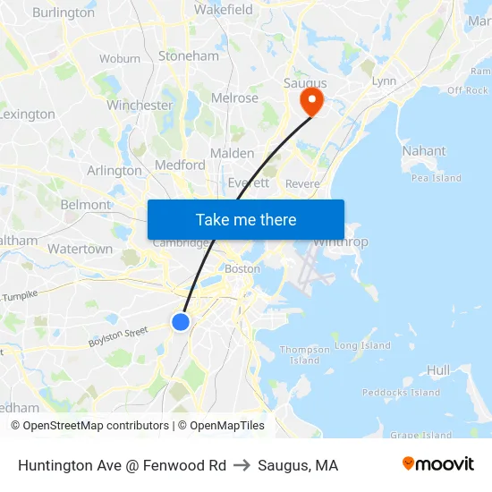 Huntington Ave @ Fenwood Rd to Saugus, MA map