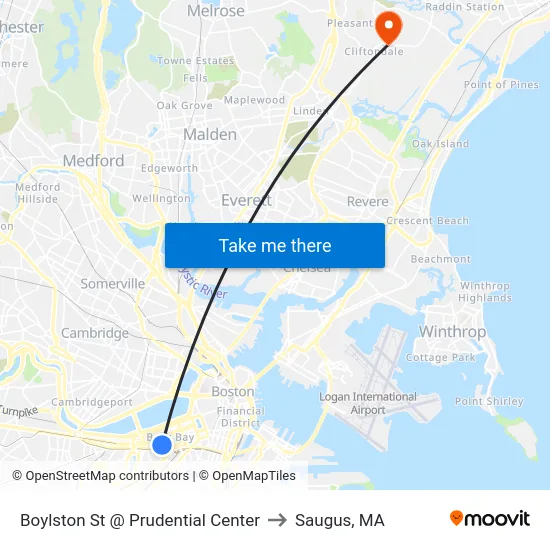 Boylston St @ Prudential Center to Saugus, MA map