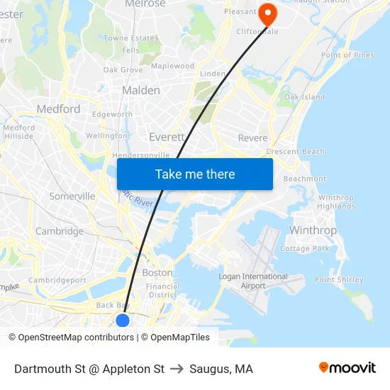 Dartmouth St @ Appleton St to Saugus, MA map