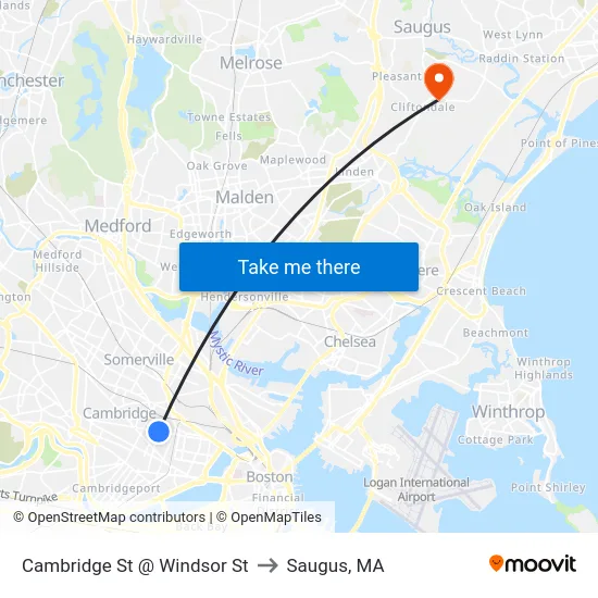 Cambridge St @ Windsor St to Saugus, MA map