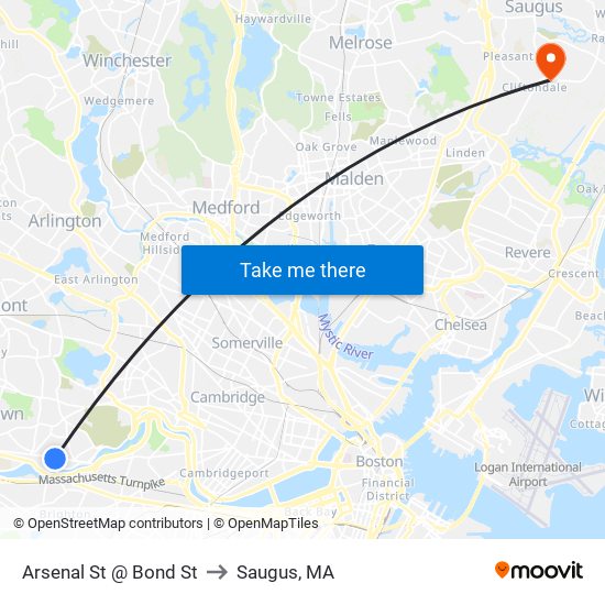 Arsenal St @ Bond St to Saugus, MA map